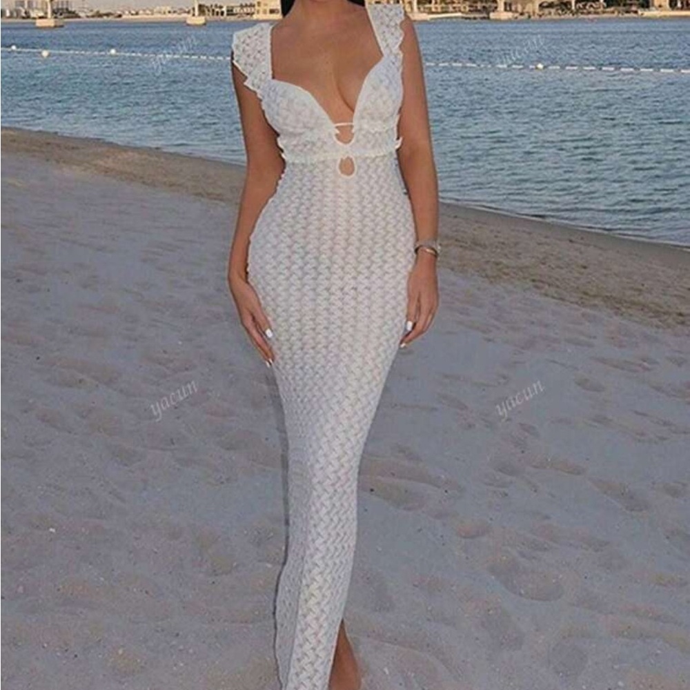 White summer Maxi Dress with Cap Sleeves and Cutout XS new - Picture 8 of 9